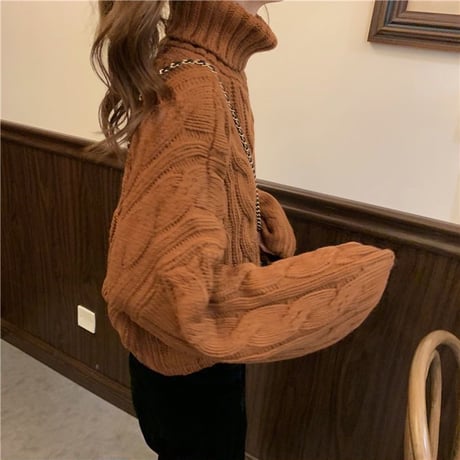 タートルネック ニット ケーブル編み プルオーバー ハイネック トップス セーター ルーズ 長袖 秋 冬 レトロ 大人可愛い ガーリー カジュアル DTCA-854780048696
