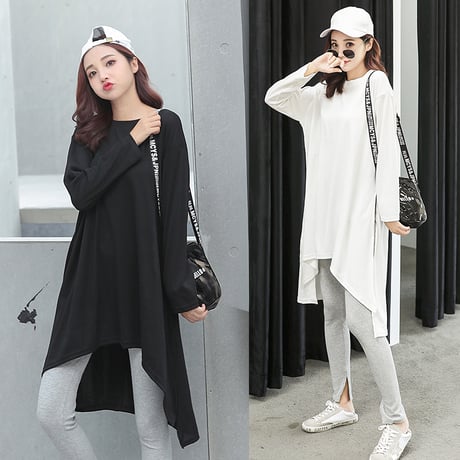 スリットTシャツ ロング丈 全3色 韓国ファッション レディース チュニック ワンピース ゆったり ラウンドネック 無地 ストリート (1RIRIT-025)