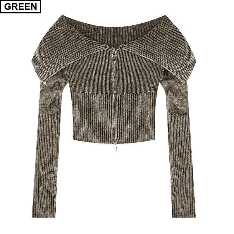 6カラー ダブルジップ ニット オフショルダー クロップド丈 トップス