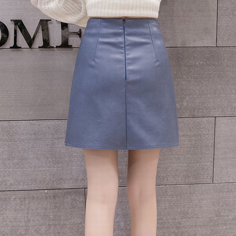 レディース フロントボタンラップ風フェイクレザー台形スカート 韓国