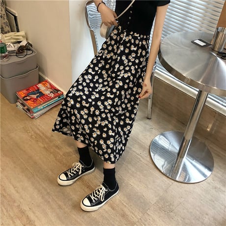 花柄 スカート ロング丈 韓国ファッション レディース ロングスカート シフォン Aライン ハイウエスト レトロ ガーリー 615676995148