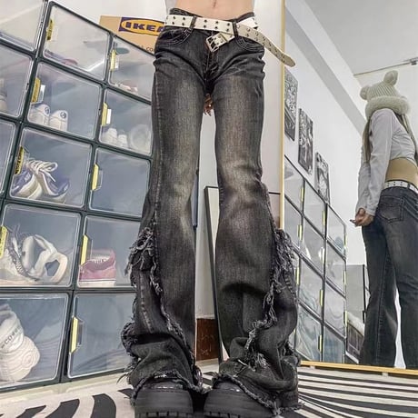 デニムパンツ ヴィンテージ風 フリンジ フレア デニム ダメージ ジーンズ ローライズ 美脚 レトロ 大人可愛い ガーリー カジュアル DTCA-749024523496