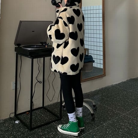 ハート柄 ボアジャケット ボアブルゾン ラムウール 韓国ファッション レディース ファーブルゾン ゆったり アウター かわいい 大人可愛い ガーリー DTC-631146782619