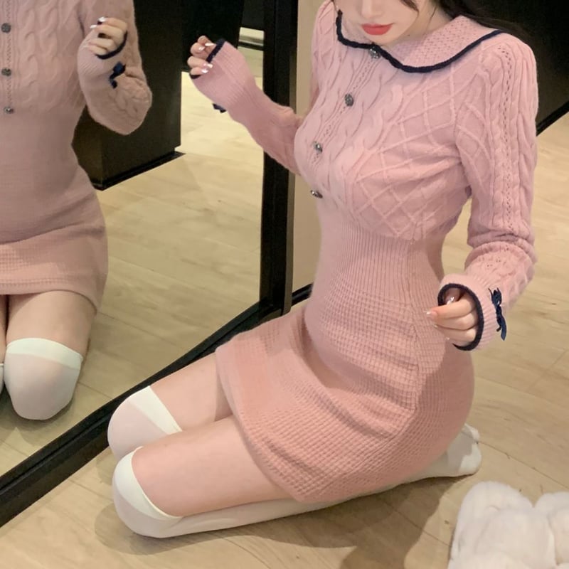 襟付き ニットワンピース リボン ケーブル編み スリム ハイウエスト