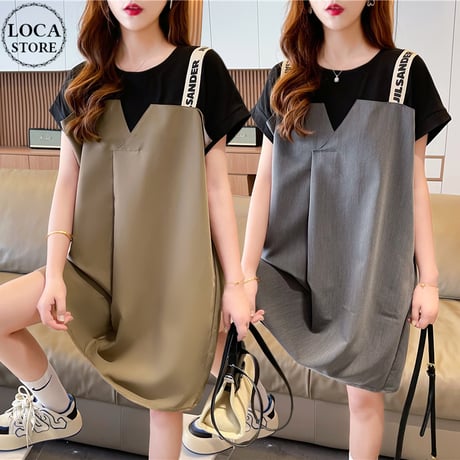 フェイクレイヤード ワンピース Tシャツ ドッキングワンピース ルーズ ゆったり プルオーバー 半袖 レトロ 韓国ファッション レディース 大人可愛い ガーリー DTC-703970746662