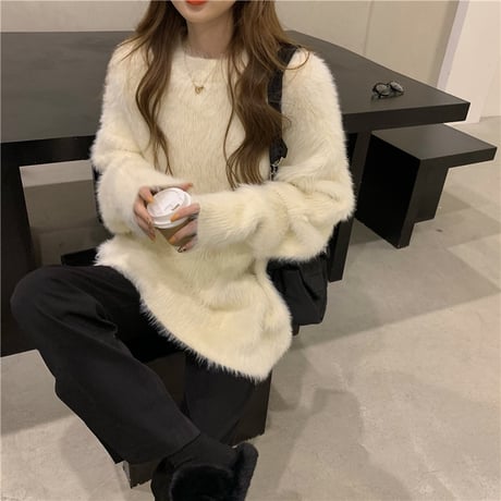 ファーニットセーター ファーセーター ニットセーター モヘアセーター 長袖 ルーズ 暖かい ゆったり レトロ 韓国ファッション レディース 大人可愛い ガーリー DTC-634715262616