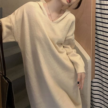 フード付き ニットワンピース ロングワンピース ルーズ ゆったり ルーズウエスト 長袖 レトロ 韓国ファッション レディース 大人可愛い ガーリー DTC-682629628231