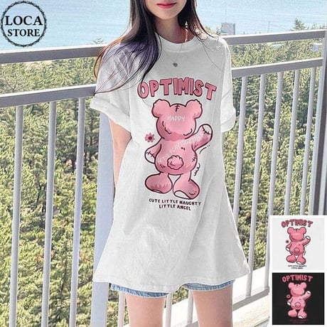 ユニセックス Tシャツ 半袖 クマ 後ろ姿 プリント オーバーサイズ カジュアル ストリート系ファッション 韓国ファッション メンズ レディース DTC-679649320362