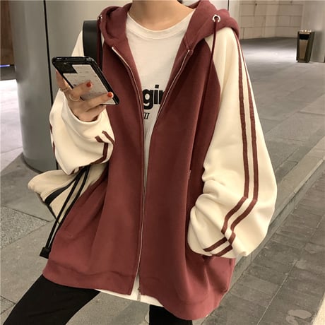 パーカー 袖ライン バイカラー ジップアップ 長袖 オーバーサイズ ゆったり レトロ 韓国ファッション レディース 大人可愛い ガーリー カジュアル DTC-656269992331