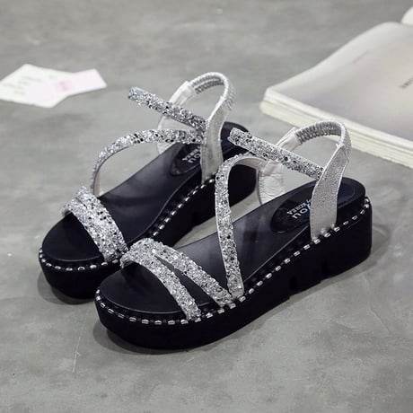スパンコール 厚底サンダル 22.5～24.5cm プラットフォーム アンクルストラップ オープントゥ ウェッジフラット サンダル 韓国ファッション レディース DCT-670426623868