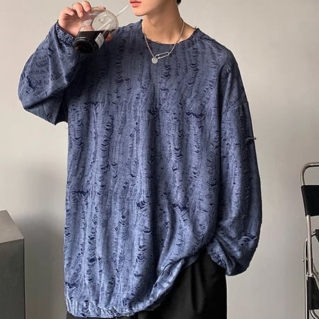【3カラー】 ユニセックス ダメージ加工 Tシャツ 長袖 オーバーサイズ トップス 韓国ファッション メンズ レディース カジュアル 韓国ストリートファッション DTC-695763372099