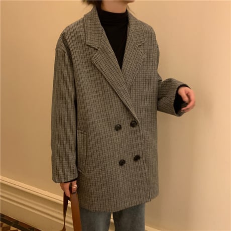 チェック柄 テーラードジャケット 厚手 キルティング ダブルブレスト 韓国ファッション レディース ロングジャケット ルーズ 長袖 大人可愛い ガーリー DTC-628946879075