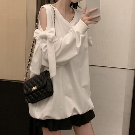 トレーナー 薄手 Vネック 肩あき 肩出し リボン カットソー オフショルダー トップス 長袖 ゆったり 韓国ファッション レディース 大人可愛い ガーリー DTC-637882425955