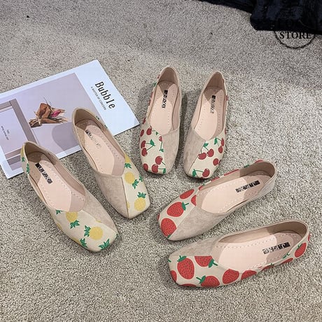 パンプス フルーツ柄 フラットシューズ ぺたんこ 韓国ファッション レディース シンプル フラットパンプス シューズ いちご柄 パイナップル柄 チェリー柄 かわいい 610995457990