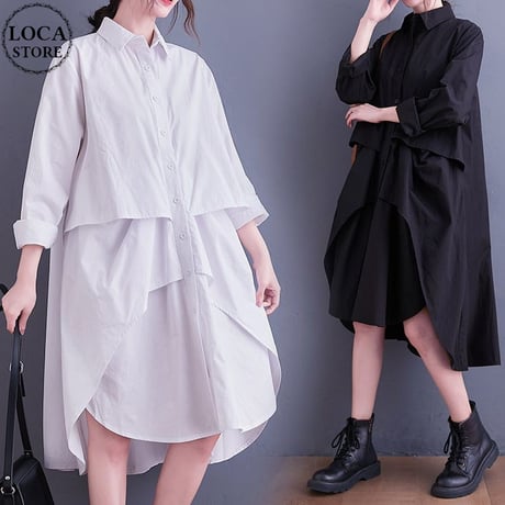 シャツワンピース ロングシャツ シャツ ワンピース アシンメトリー 不規則デザイン ルーズ 長袖 レトロ 韓国ファッション レディース 大人可愛い ガーリー DTC-634484580166