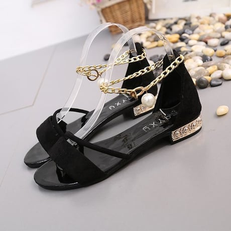 レディース オープントゥ サンダル パールサンダル ヒール2cm フラットサンダル パールアンクル ぺたんこ 痛くない 歩きやすい (DCT-587898510060)