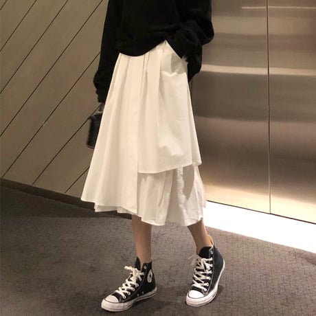 スカート 不規則 イレギュラー Aライン 韓国ファッション レディース 無地 すね丈 ハイウエスト ガーリー フェミニン レトロ DTC-603415311658