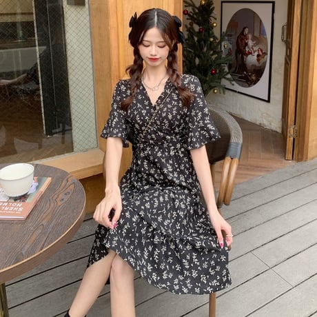 花柄ワンピース Vネック ハイウエスト 半袖 韓国ファッション レディース ワンピ フラワープリント 大人可愛い ガーリー DTC-640279162781