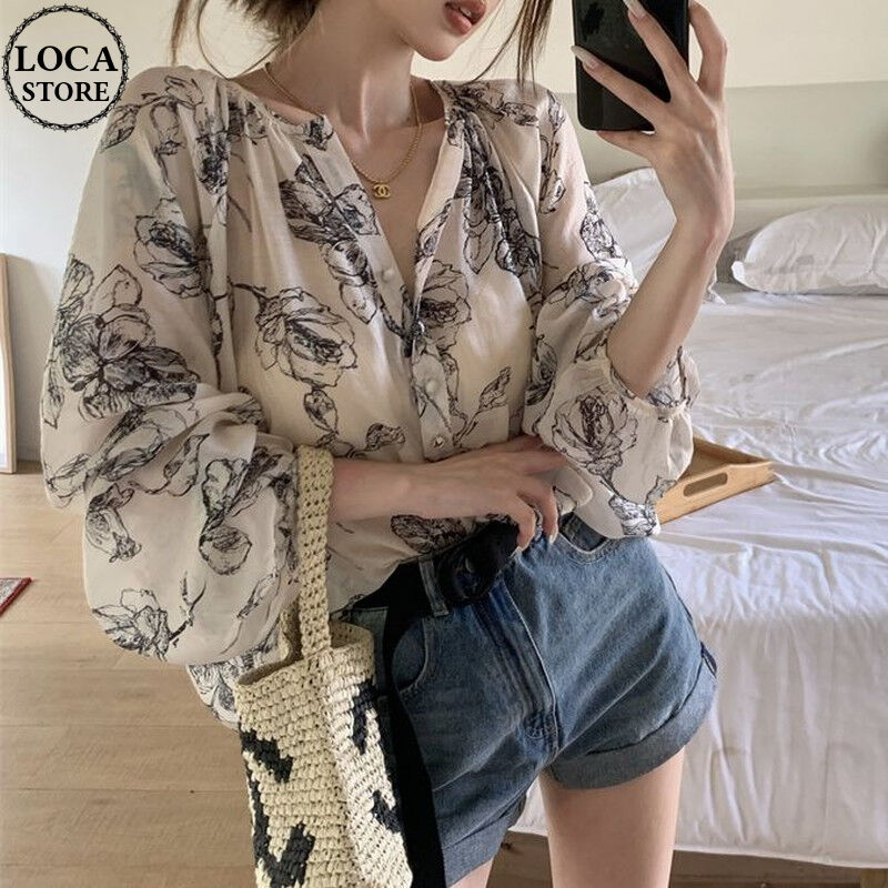 花柄 ブラウス ノーカラー ランタンスリーブ シャツ ルーズ シフォン