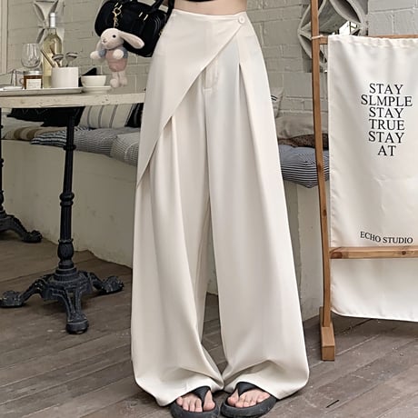 アシンメトリー モップパンツ ワイドパンツ タック ドレープ ハイウエスト ルーズ レトロ 韓国ファッション レディース 大人可愛い ガーリー DTC-778588912089