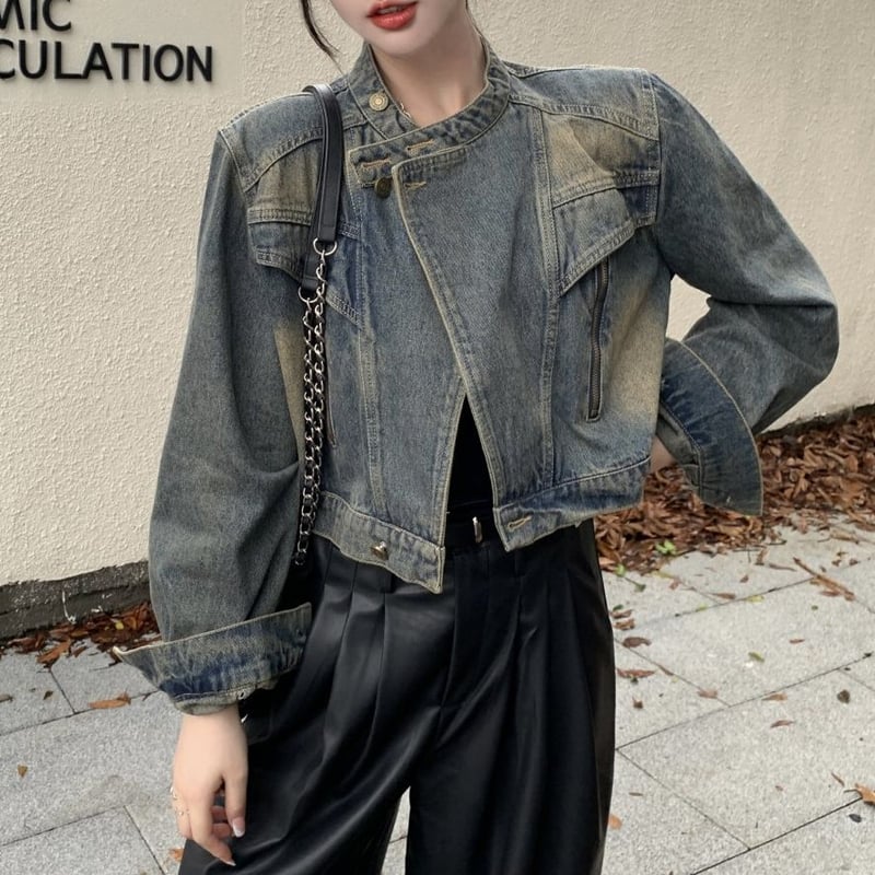 ライダース風 デニムジャケット ショート丈 スタンドカラー G