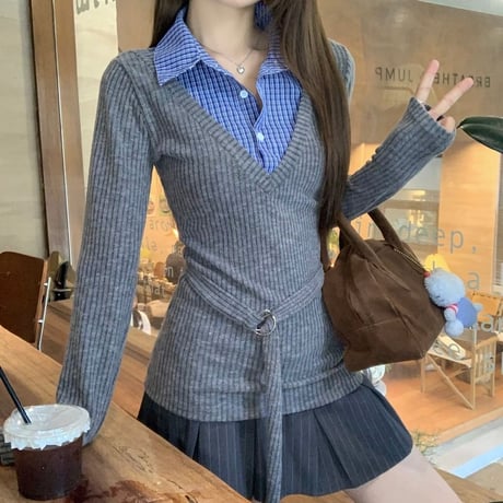フェイクレイヤード ニット トップス チェック柄  シャツ レイヤードニット トップス スリムフィット 長袖 レトロ 大人可愛い ガーリー DTCA-849279750300