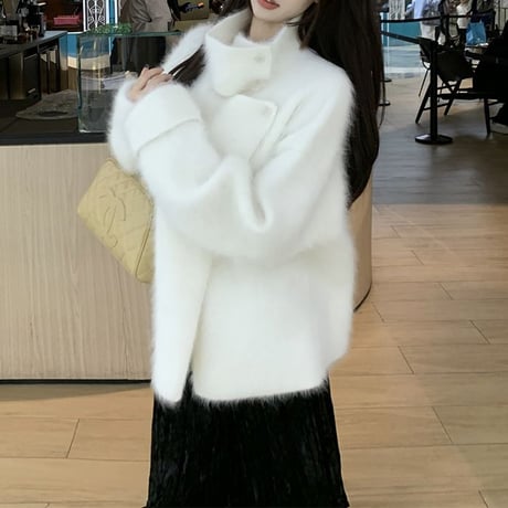 ファーニット フェイクミンクファー ハイネック ニットカーディガン ニットセーター 長袖 ルーズ レトロ 韓国ファッション レディース 大人可愛い ガーリー DTC-759611799819