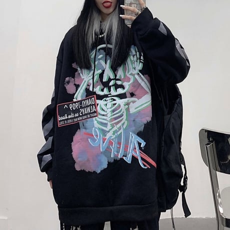 ユニセックス パーカー スケルトン 袖プリント バックプリント プラスベルベット 長袖 オーバーサイズ 韓国ファッション メンズ レディース カジュアル ストリート DTC-611075967613