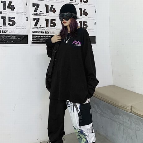 ユニセックス 長袖Tシャツ ×ペイント Tシャツ バツペイント 長袖 オーバーサイズ 韓国ファッション メンズ レディース 韓国ストリートファッション DTC-610859198983
