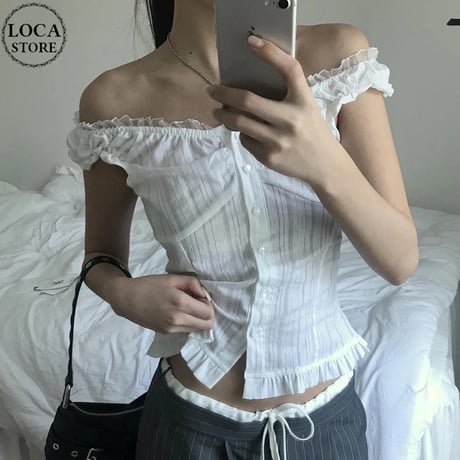 オフショルダー ブラウス フリル スリムフィット ショート丈 トップス かわいい 可愛い レトロ 大人可愛い ガーリー フェミニン DTCA-778616825624