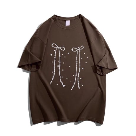 リボンプリント Tシャツ オーバーサイズ トップス ルーズ ゆったり 半袖 レトロ  大人可愛い ガーリー カジュアル フェミニン DTCA-780996917013