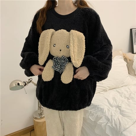 ルームウェア パジャマ セットアップ フリース トップス + パンツ ラビット うさぎ 長袖 上下セット 長袖 韓国ファッション レディース もこもこ ガーリー 627109268664