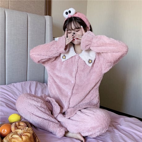 ルームウェア パジャマ セットアップ トップス + パンツ もこもこ 上下セット 長袖 厚手 韓国ファッション レディース フリース ガーリー レトロ 629614343345