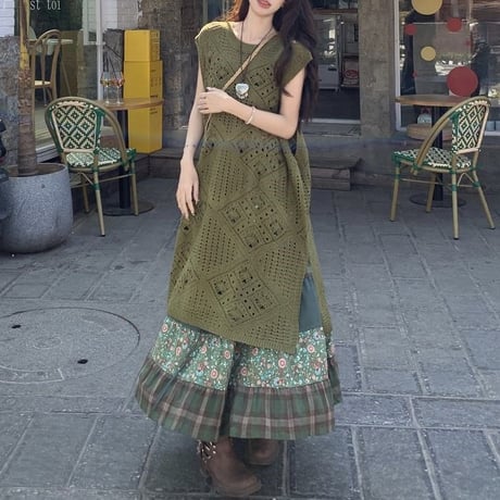 2点セット エスニックスタイル ロングニットベスト サマーニット 花柄 チェック柄 ロングスカート レイヤード レトロ 大人可愛い ガーリー DTC-782922339841