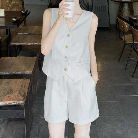 セットアップ 上下セット ベスト ショートパンツ タック入り Vネック ノースリーブ ハイウエスト レトロ 韓国ファッション レディース 大人可愛い ガーリー DTC-803889948127
