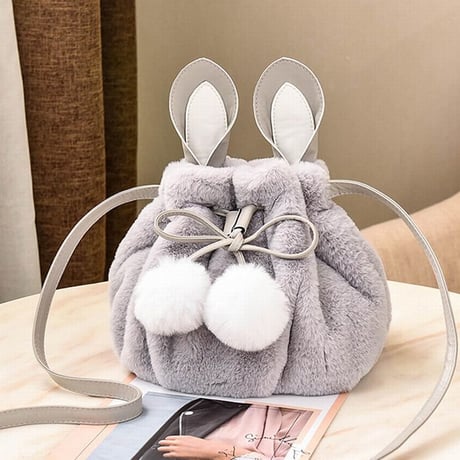 耳付き ファーバッグ ふわふわ もこもこ 巾着バッグ 肩掛け ショルダーバッグ ファーボンボン レディース バッグ (DCT-582166989683)