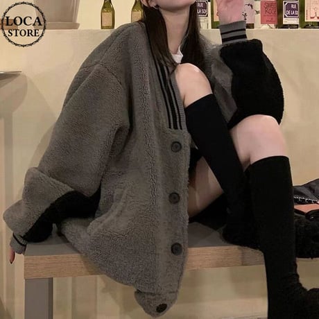 ボアスタジャン バイカラー フリース アウター フェイクラムウール オーバーサイズ 長袖 ルーズ レトロ 韓国ファッション レディース 大人可愛い ガーリー DTC-689307846858