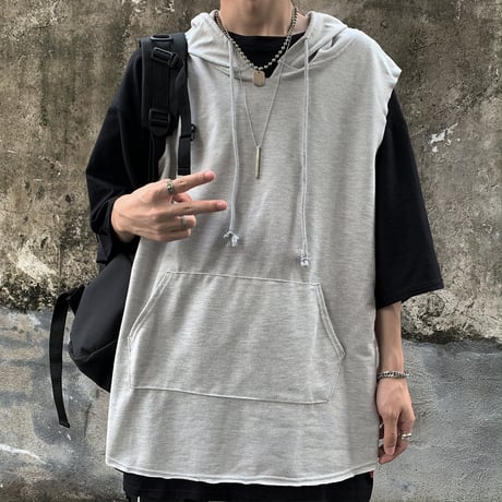 フード付き ベスト ユニセックス メンズ レディース プルオーバー 無地 オーバーサイズ 大きいサイズ ルーズ ストリート TBN-622664618988