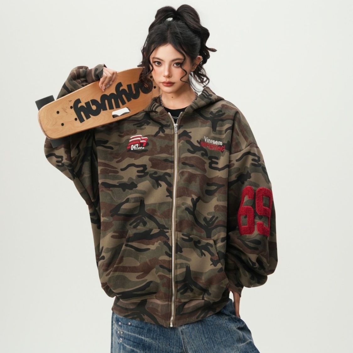 迷彩柄 ジップアップ パーカー トップス カモフラ柄 フード付き