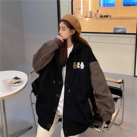フード付き ブルゾン パーカー 月輪熊 パンダ 白熊 プラスベルベット アウター オーバーサイズ 韓国ファッション レディース ガーリー カジュアル ストリート系 DTC-630016028692