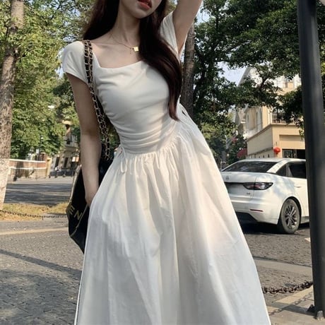 ワンピース サイドリボン フレア プリーツ Aライン ハイウエスト ノースリーブ ロングワンピース スリム レトロ 大人可愛い ガーリー DTCA-709334685571
