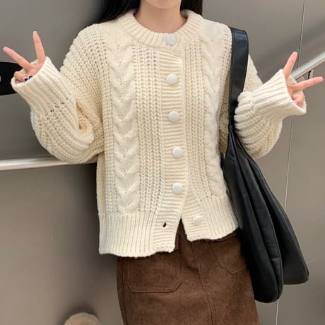 【4カラー】 ニットカーディガン ケーブル編み ショート丈 ルーズ ニット トップス 長袖 レトロ 韓国ファッション レディース 大人可愛い ガーリー DTC-686921734623