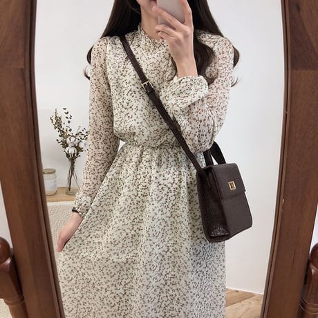レディース Vネック 花柄 シフォン ロングワンピース レトロ 長袖 花柄 フェミニン 韓国ファッション オルチャン (DCT-585296164758)