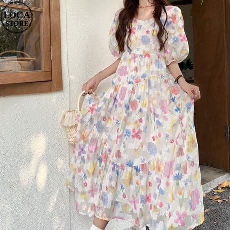 花柄ワンピース 半袖 パフスリーブ ゆったりウエスト プルオーバー Aライン レトロ 韓国ファッション レディース 大人可愛い ガーリー フェミニン DTC-708779539643