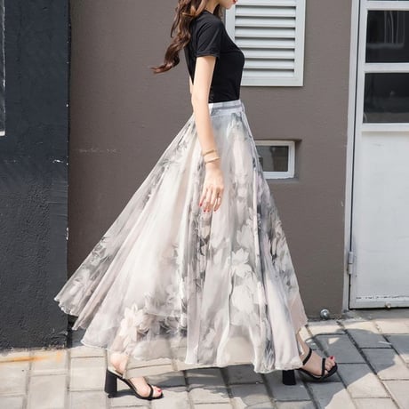花柄スカート チュールスカート ハイウエスト シフォン 総柄 ロング丈 フレアスカート ウエストゴム レトロ 韓国ファッション レディース 大人可愛い ガーリー DTC-643396581697