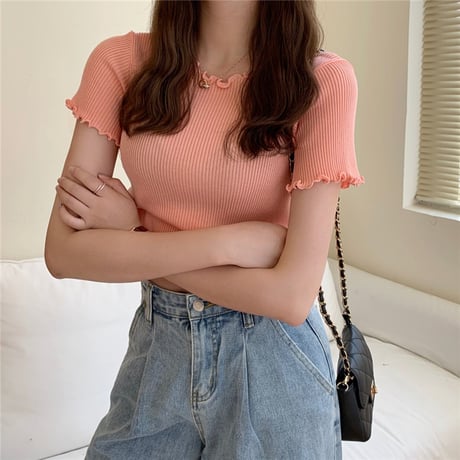 ウェーブヘム リブニット サマーニット Tシャツ 半袖 ラウンドネック トップス 韓国ファッション レディース カットソー シンプル 大人可愛い ガーリー DTC-639423318201