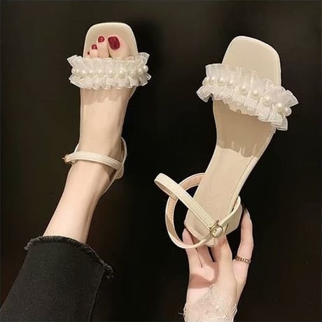 サンダル イミテーションパール チャンキーヒール 5cm スクエアトゥ アンクルストラップ 韓国ファッション レディース 痛くない かわいい 靴 歩きやすい 612819405931