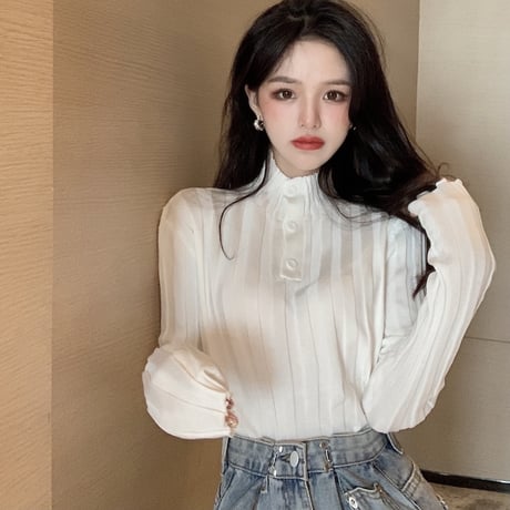 ニットセーター リブニット ハーフボタン ボタン ハーフハイネック スリムニット 長袖 レトロ 韓国ファッション レディース 大人可愛い ガーリー DTC-656815973964