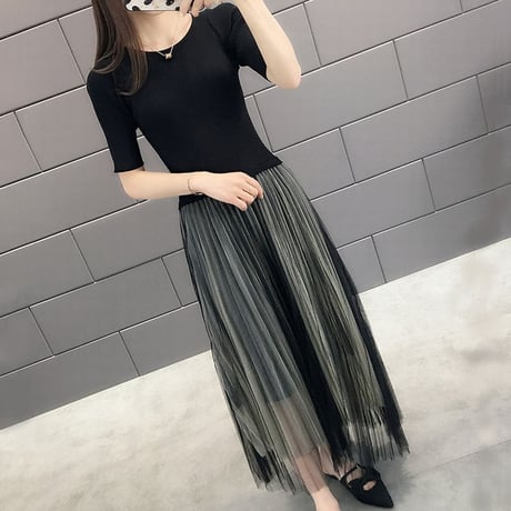 レディース ラウンドネック プリーツドッキングワンピース プリーツスカート ワンピース フェミニン 韓国ファッション (DCT-591465201552)