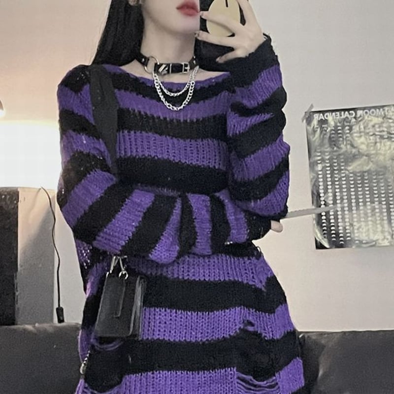 ダメージニット ボーダーニット パープル 紫 ダメージ加工